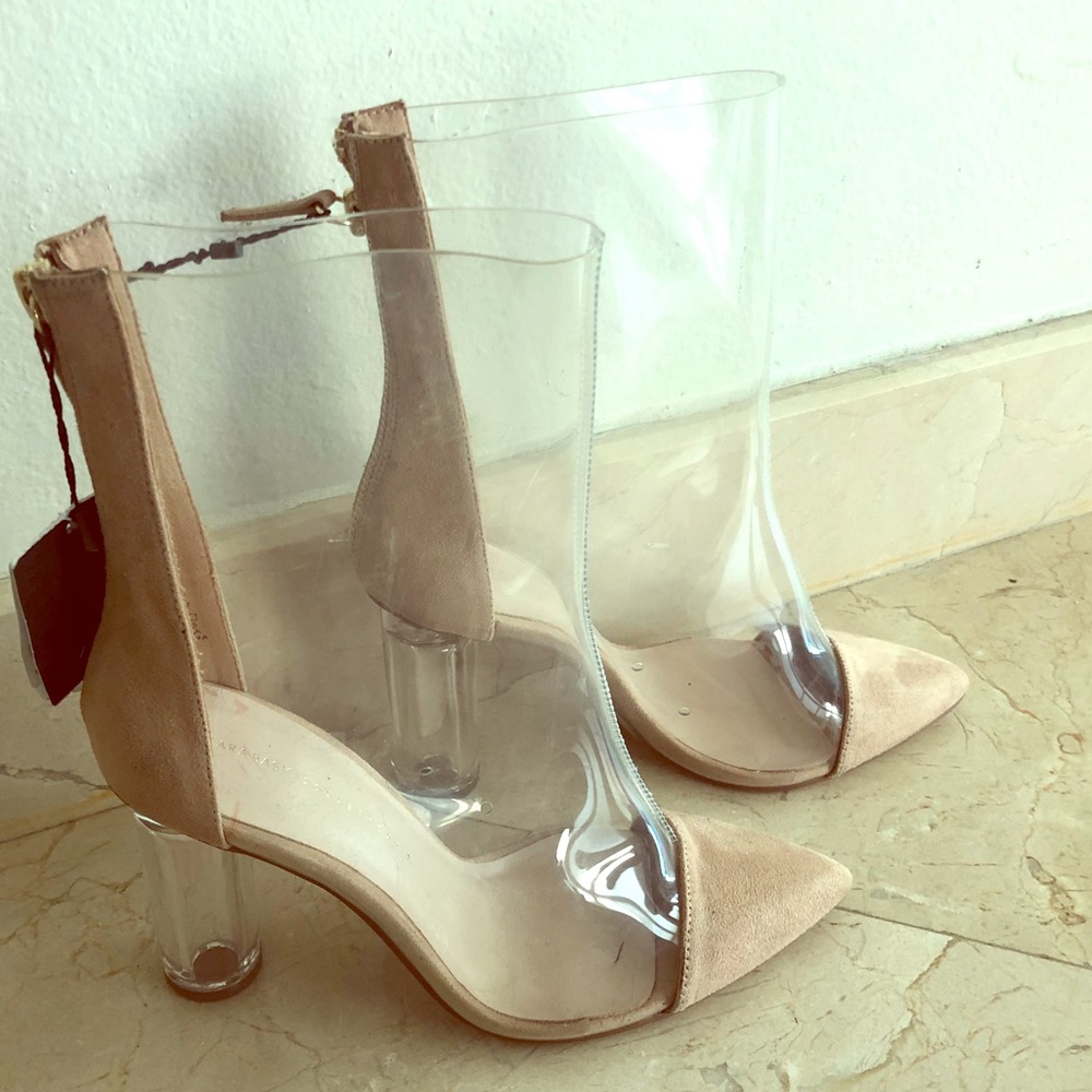 Zara Clear PVC and Beige Suede Heeled Ankle Boots